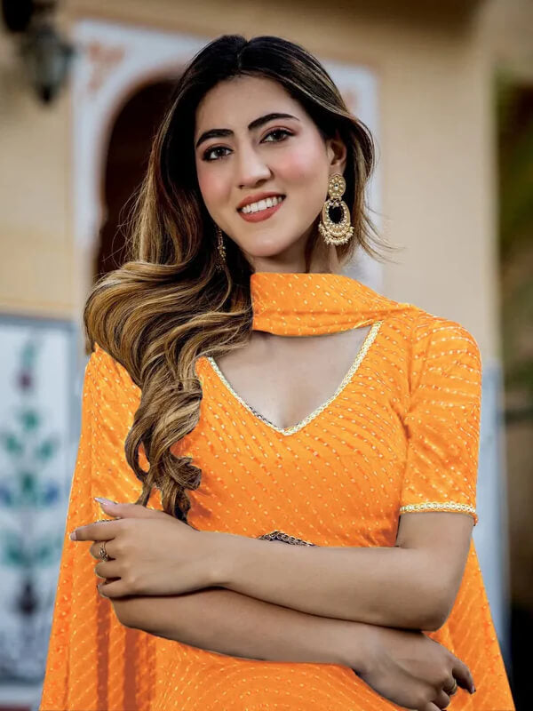 Yellow Leheriya Georgette Lehenga with Zari Lace Work
