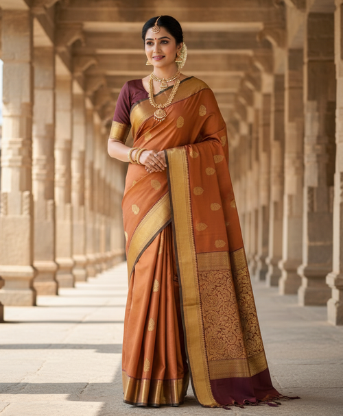 Kobber Vintage Kanchipuram Håndvævet Pattu Silk Saree