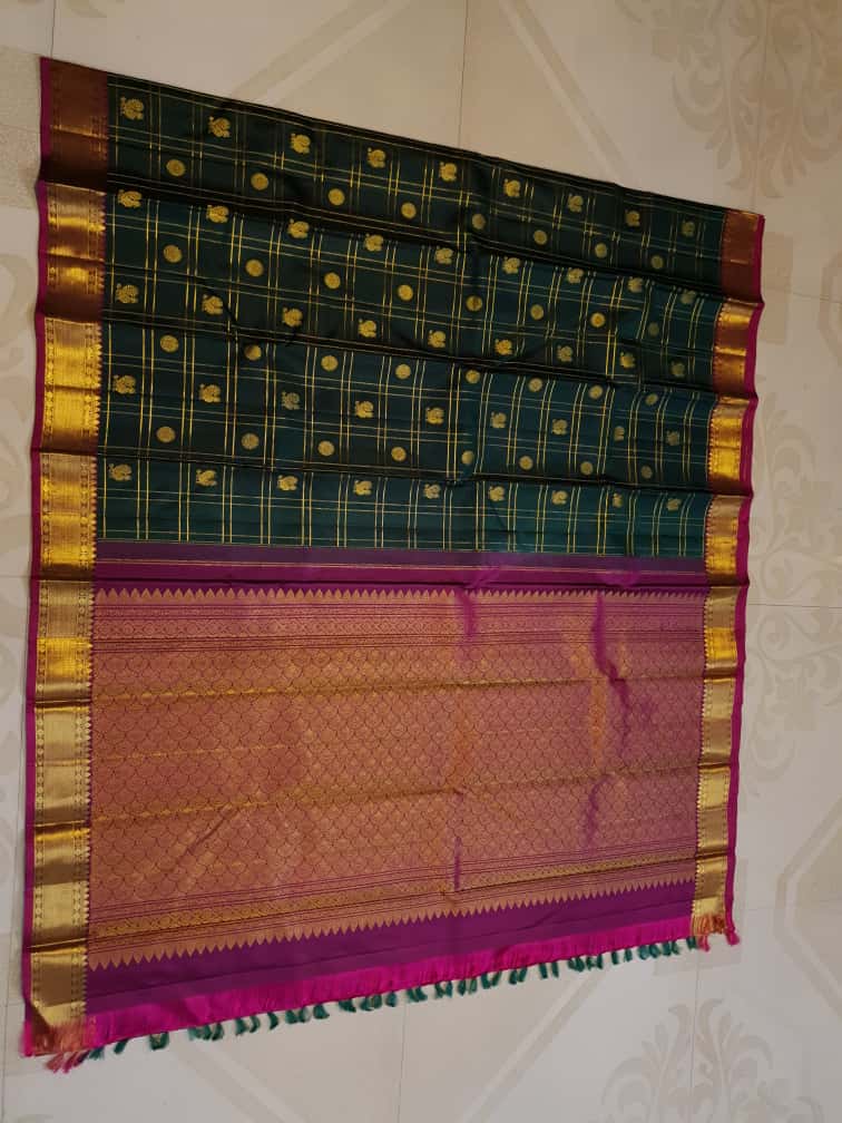 Bottle Green Kanchipuram Handloom 2G Gold Pattu Silk Saree