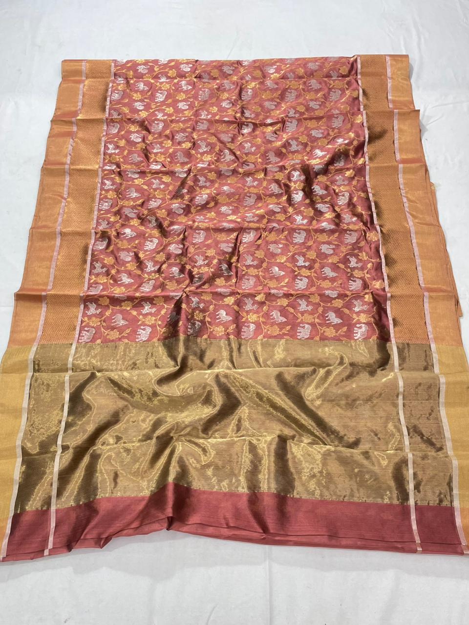 Copper Chanderi Handloom Pattu Silk Shikargah Handwork Saree