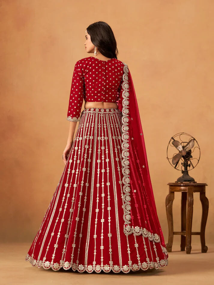 Red Art Silk Lehenga with Mirror & Embroidery Work