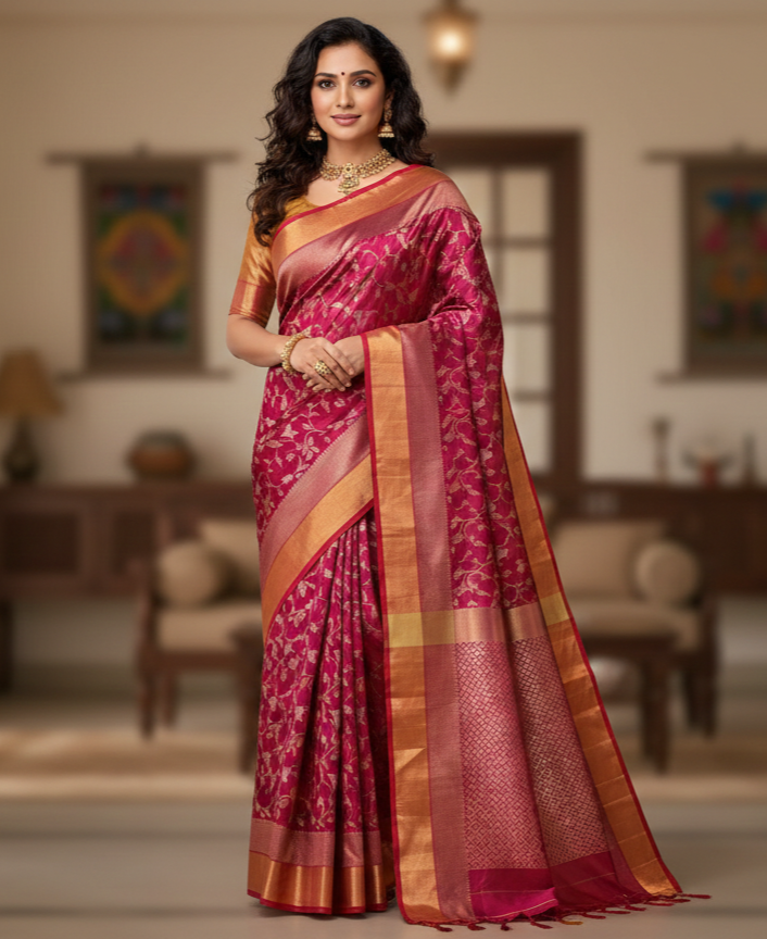 Dark Pink Chanderi Handloom Pattu Silk Shikargah Handwork Saree