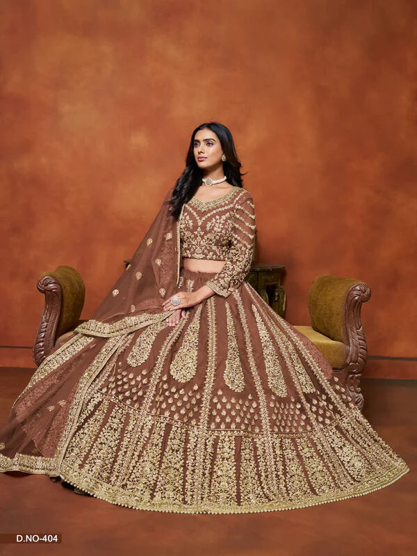 Designer Brown Thread & Sequins Net Lehenga
