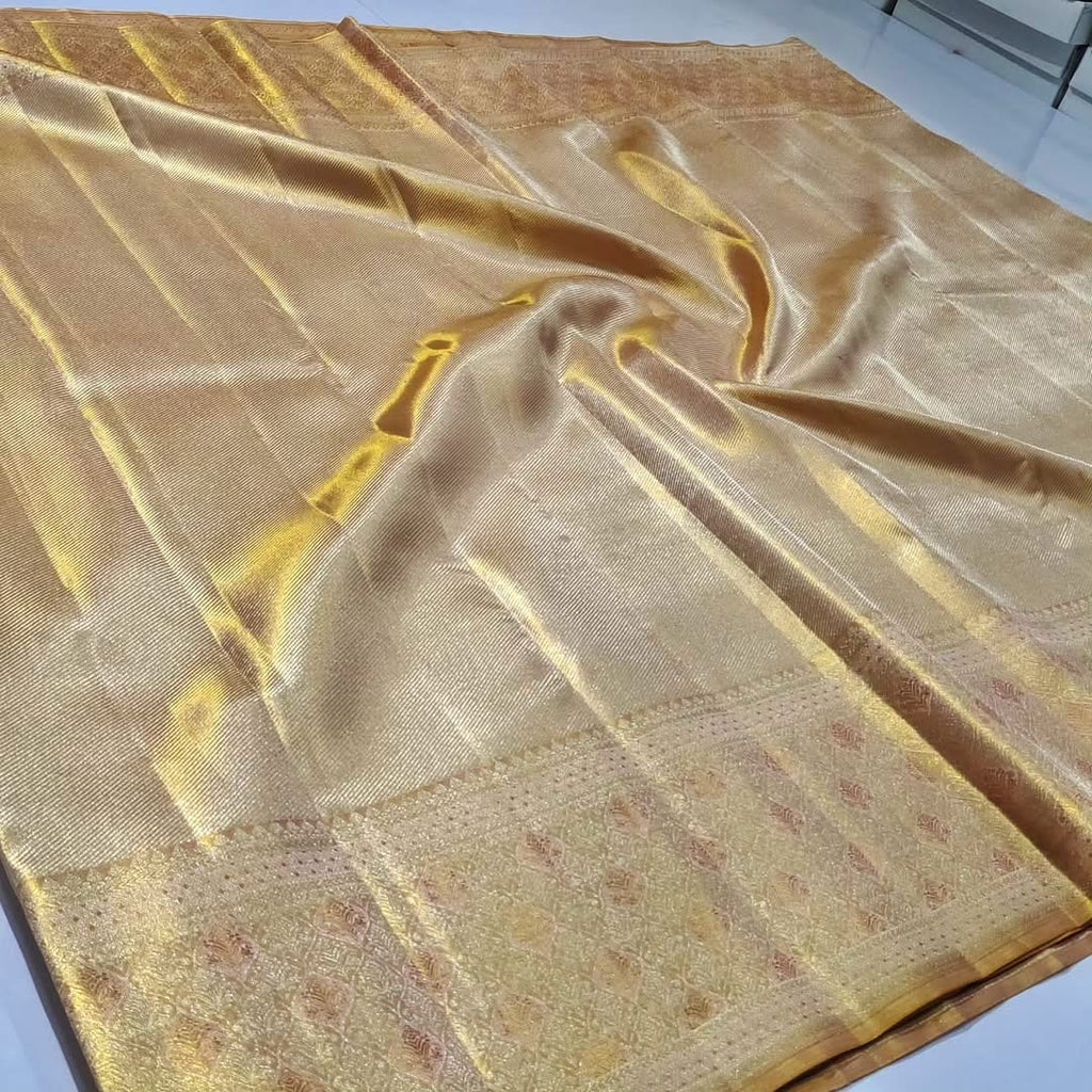 Beige Kanchipuram Handloom Tissue Brocade Silk Saree