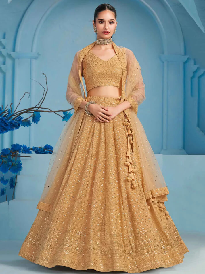 Beige Party Wear Lehenga with Sequins & Embroidery