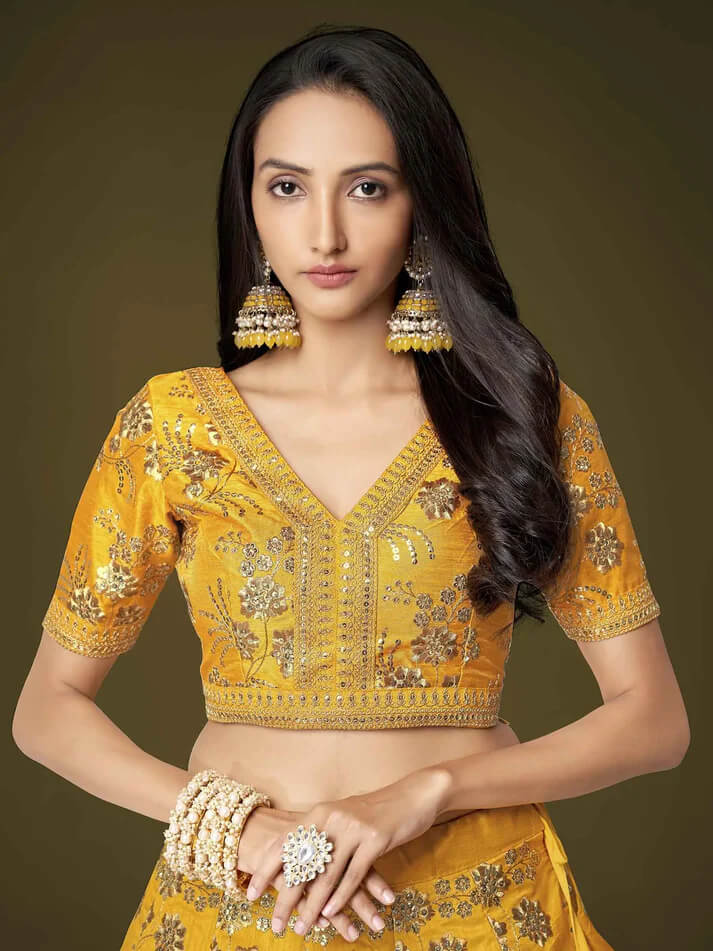 Yellow Silk Lehenga with Zari, Sequins & Dori Work