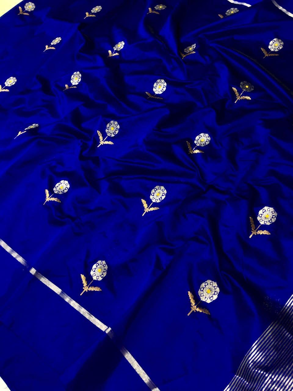 Azure Blue Chanderi Handloom Pattu Silk Meenakari Saree