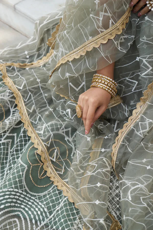 Traditional Dusty Green Net Lehenga Choli with Thread & Sequins Work