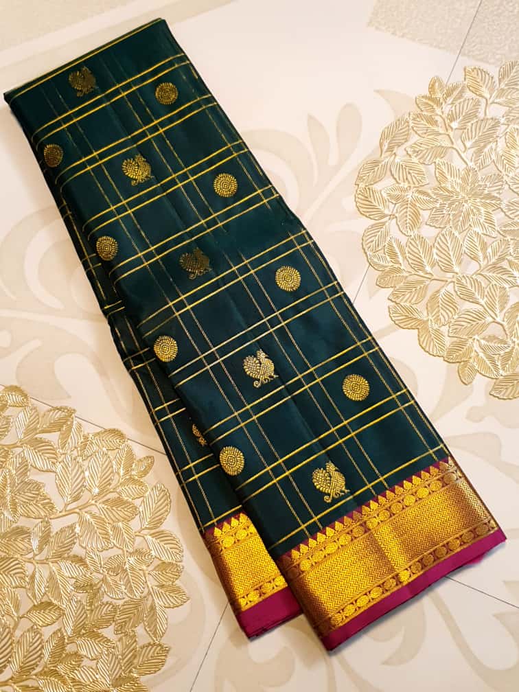 Bottle Green Kanchipuram Handloom 2G Gold Pattu Silk Saree