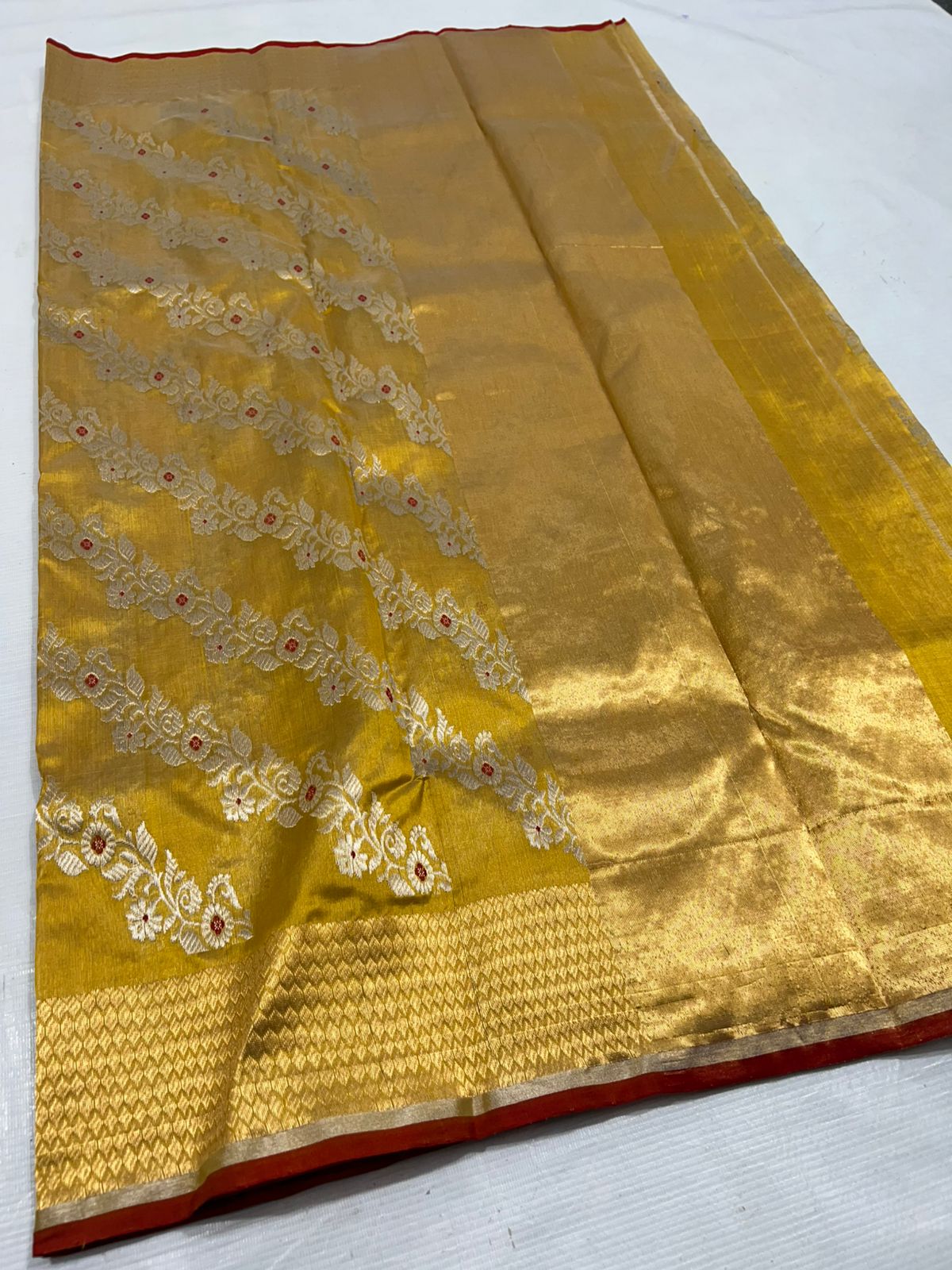 Turmeric Yellow Chanderi Handloom Pattu Silk Meenakari Handwork Saree