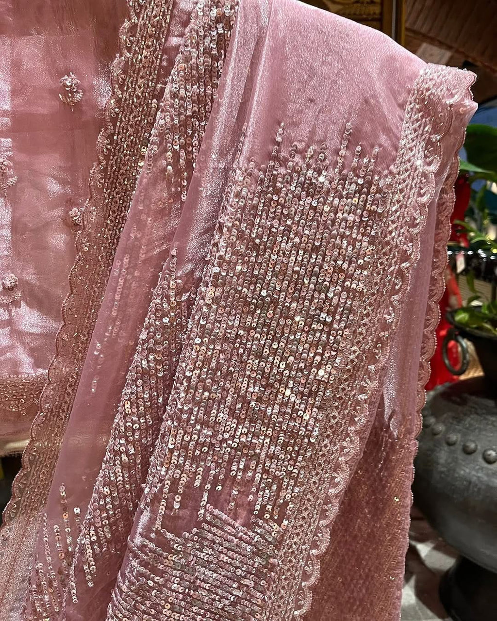 Rose Pink Hand Embroidered Tissue Organza Silk Saree