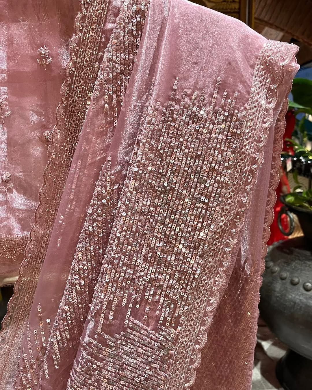 Rose Pink Hand Embroidered Tissue Organza Silk Saree