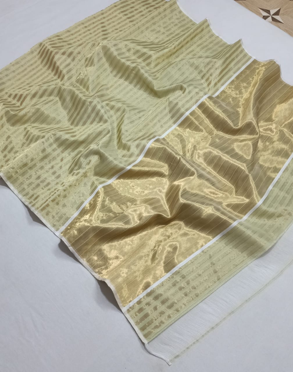 Pastel Lime Green Chanderi Handloom Cotton Silk Striped Saree