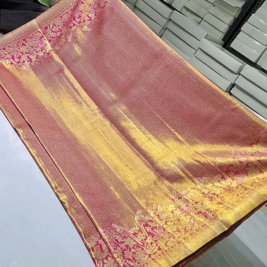 Hot Pink Kanchipuram Handloom Tissue Brocade Silk Saree