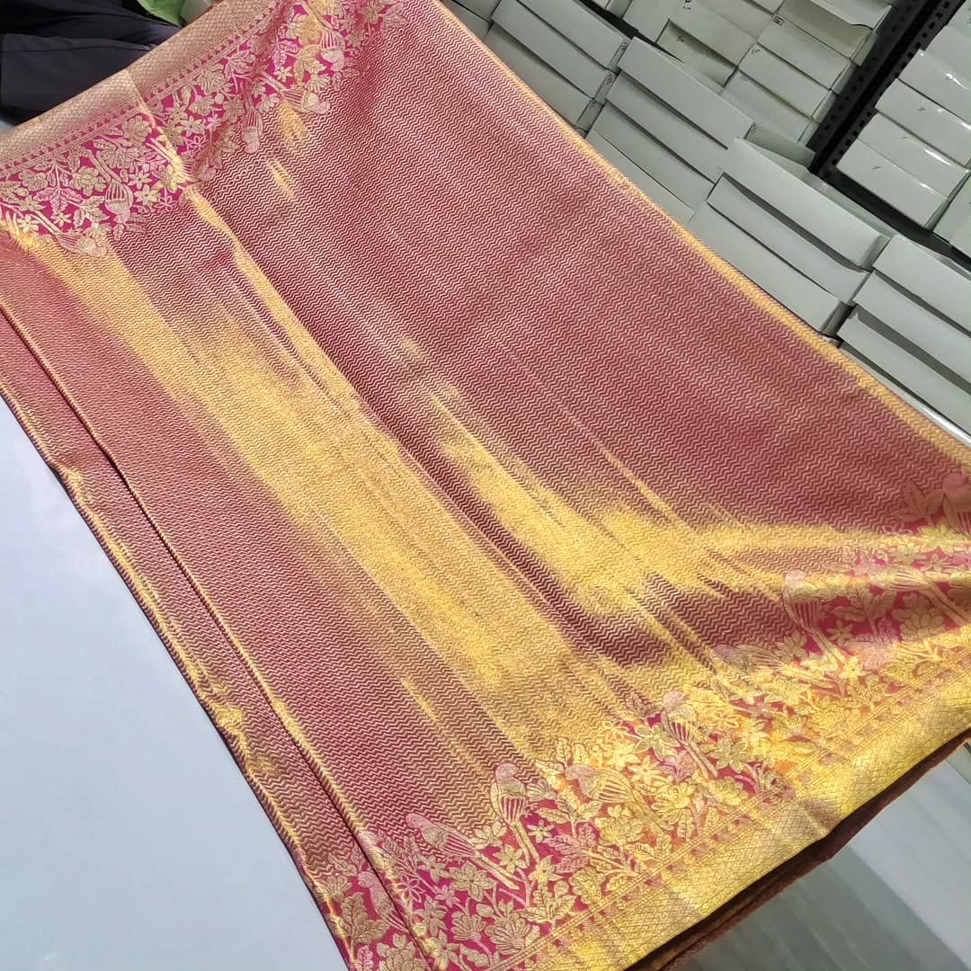 Hot Pink Kanchipuram Handloom Tissue Brocade Silk Saree