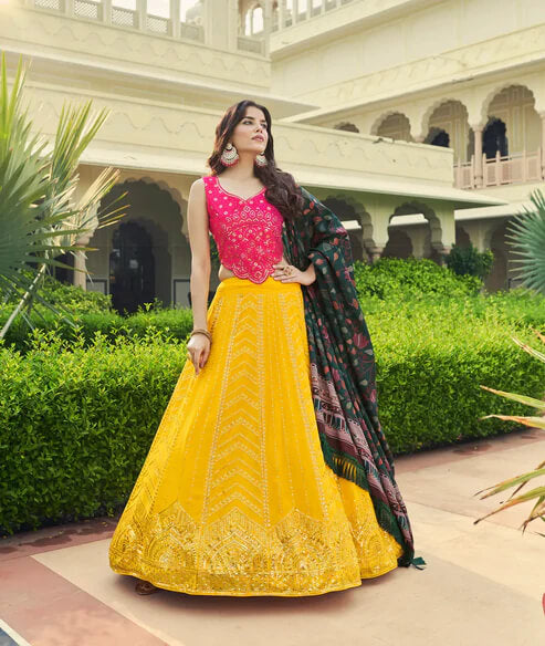 Party Wear Yellow-Pink Lehenga Choli with Intricate Embroidery