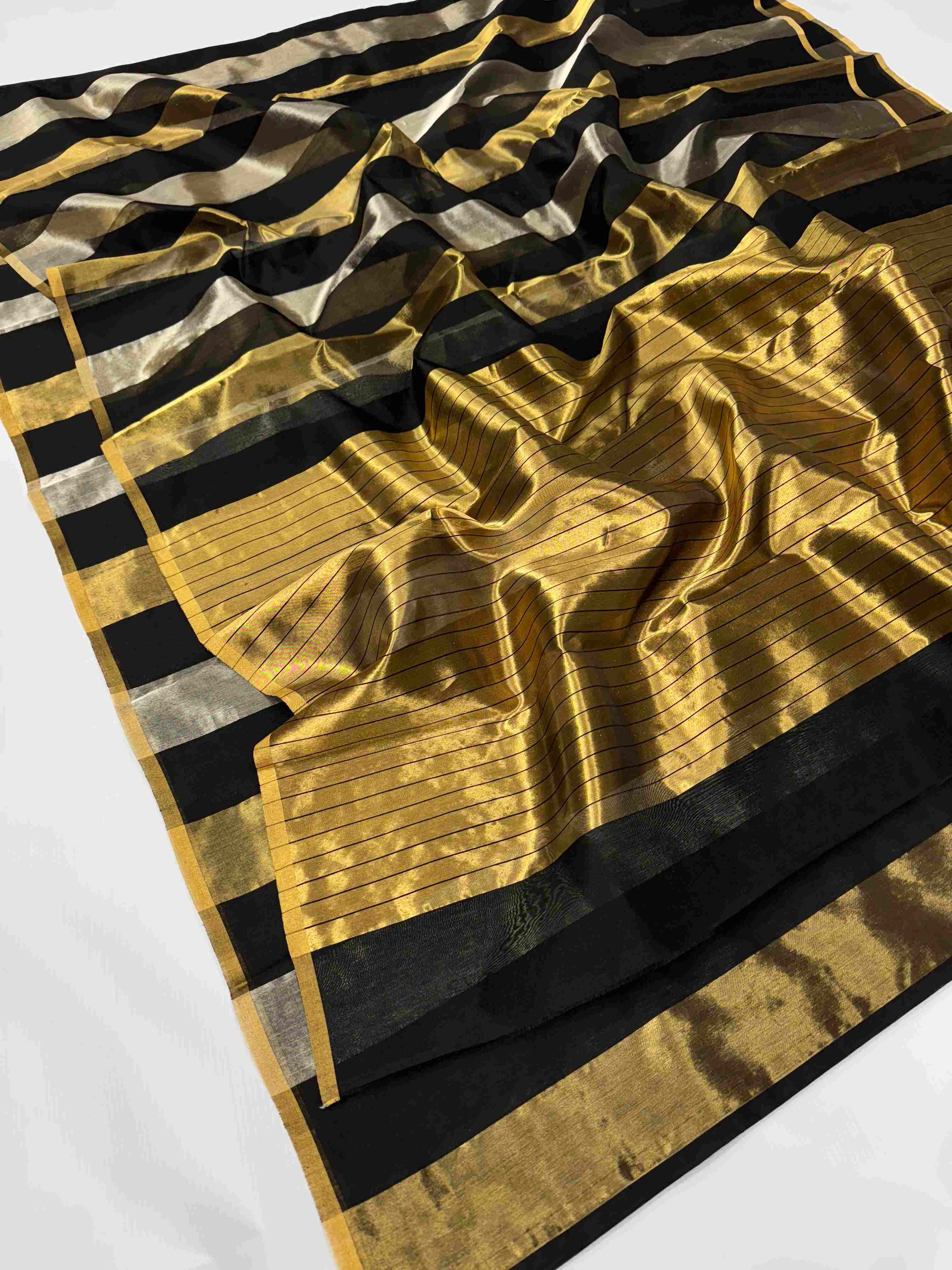 Gold, Silver & Black Chanderi Handloom Metallic Tissue Silk Contemporary Saree
