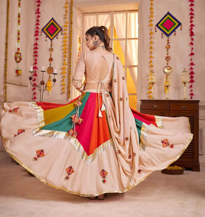 Beige Multi Color Thread & Mirror Work Navratri Lehenga