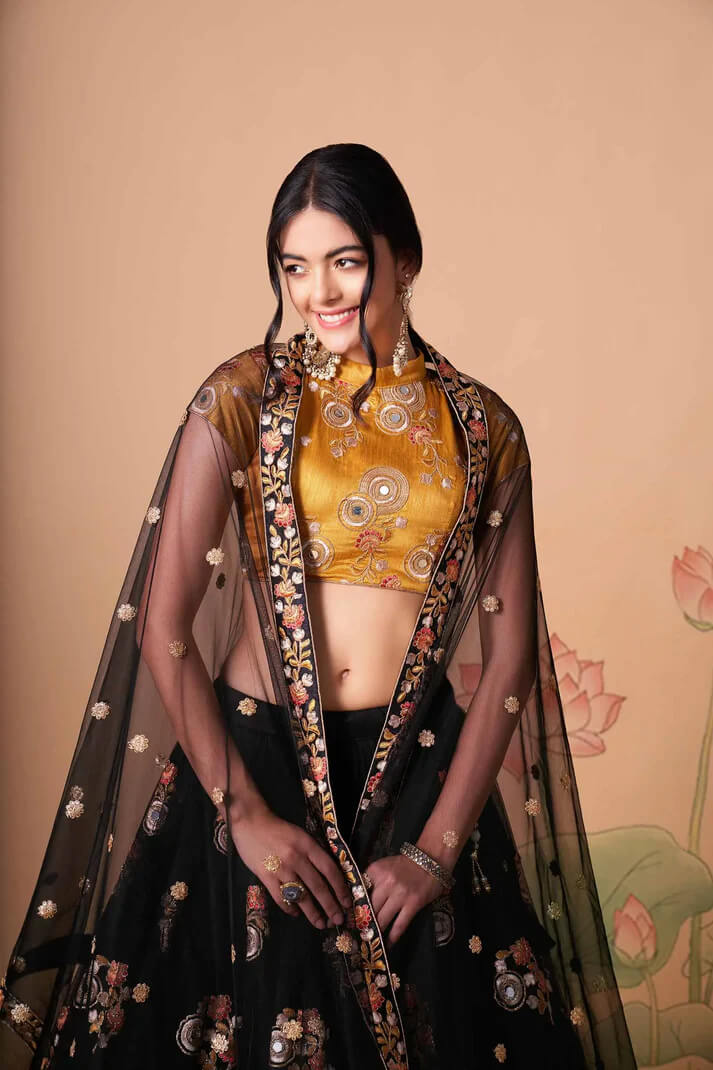 Black Net Lehenga with Zari, Sequins & Mirror Work