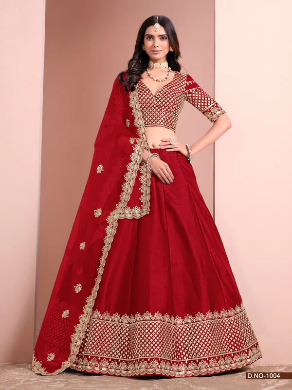 Red Art Silk Lehenga with Paper Mirror & Embroidery