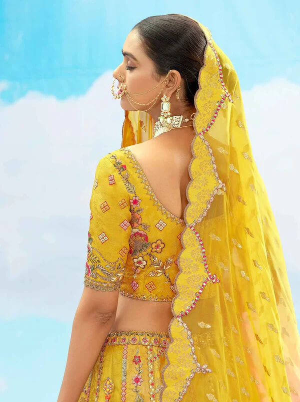 Mustard Yellow Silk Embroidery Work Bridal Ensemble