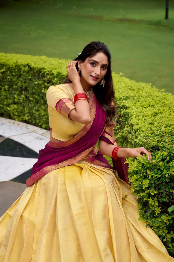 Elegant Beige & Dark Pink Kanchipuram Silk Lehenga Choli
