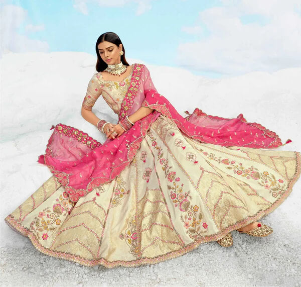 Pastel Beige Pink Bridal Lehenga with Fine Detailing