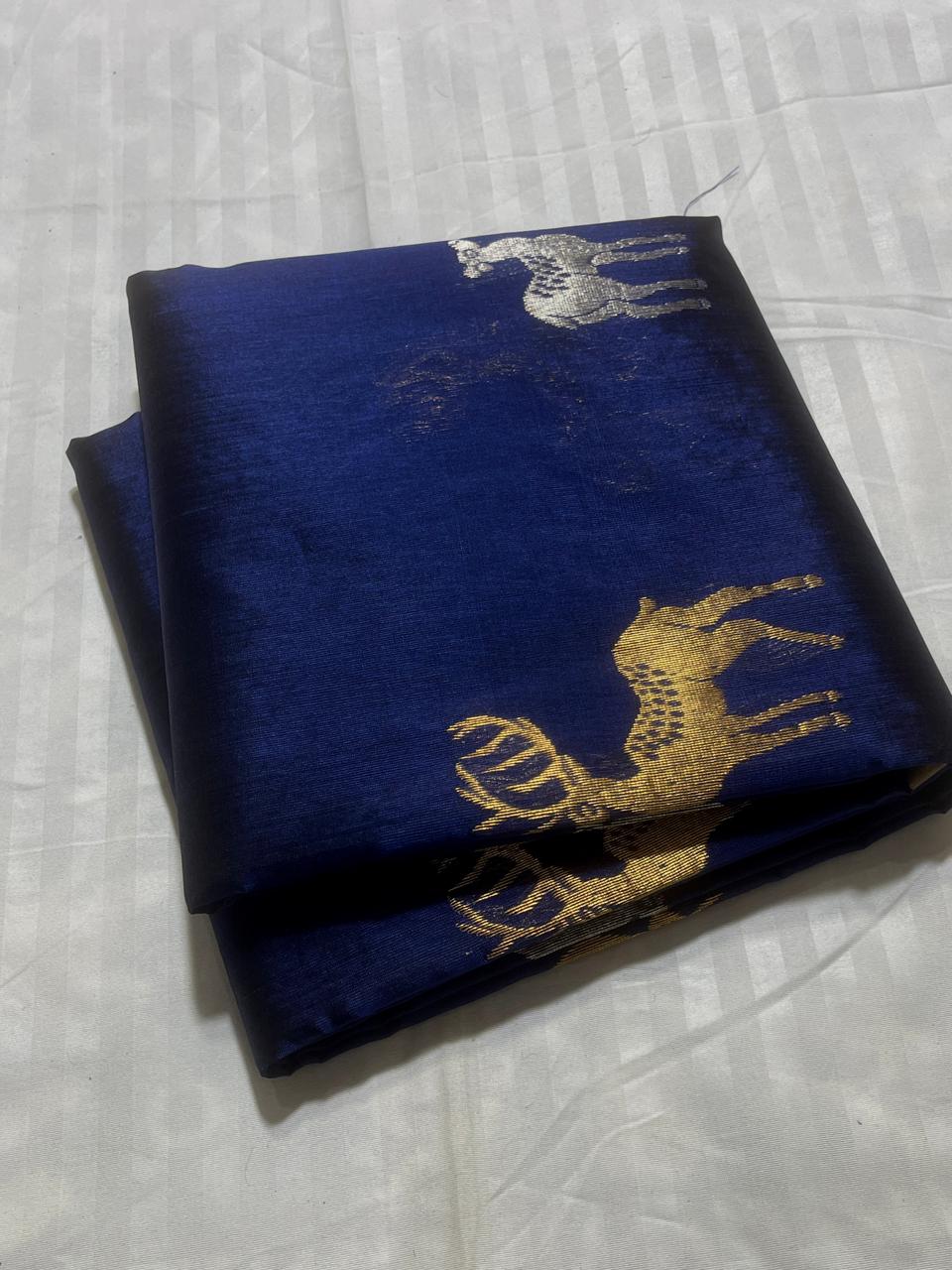 Dark Blue Chanderi Handloom Pattu Silk Sona Rupa Saree