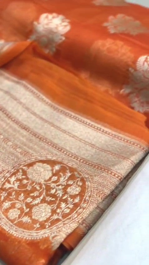 Coral Banarasi Handloom Kora Organza Silk Saree