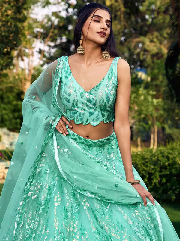 Sky Blue Soft Net Lehenga with Sequins & Thread Work