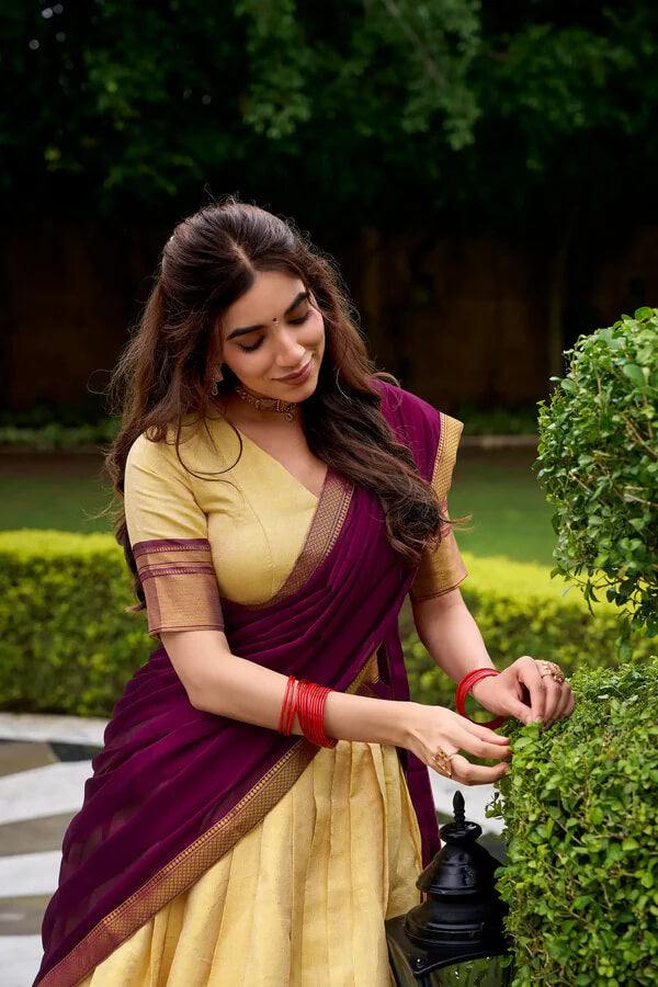 Classic Beige & Wine Zari Woven Silk Lehenga for Weddings