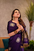 Purple Hand Embroidered Jaipuri Gajji Silk Saree