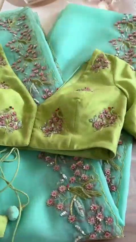 Turquoise & Green Hand Embroidered Organza Silk Saree