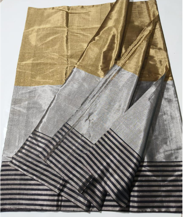 Gold, Silver & Black Chanderi Handloom Metallic Tissue Silk Contemporary Saree
