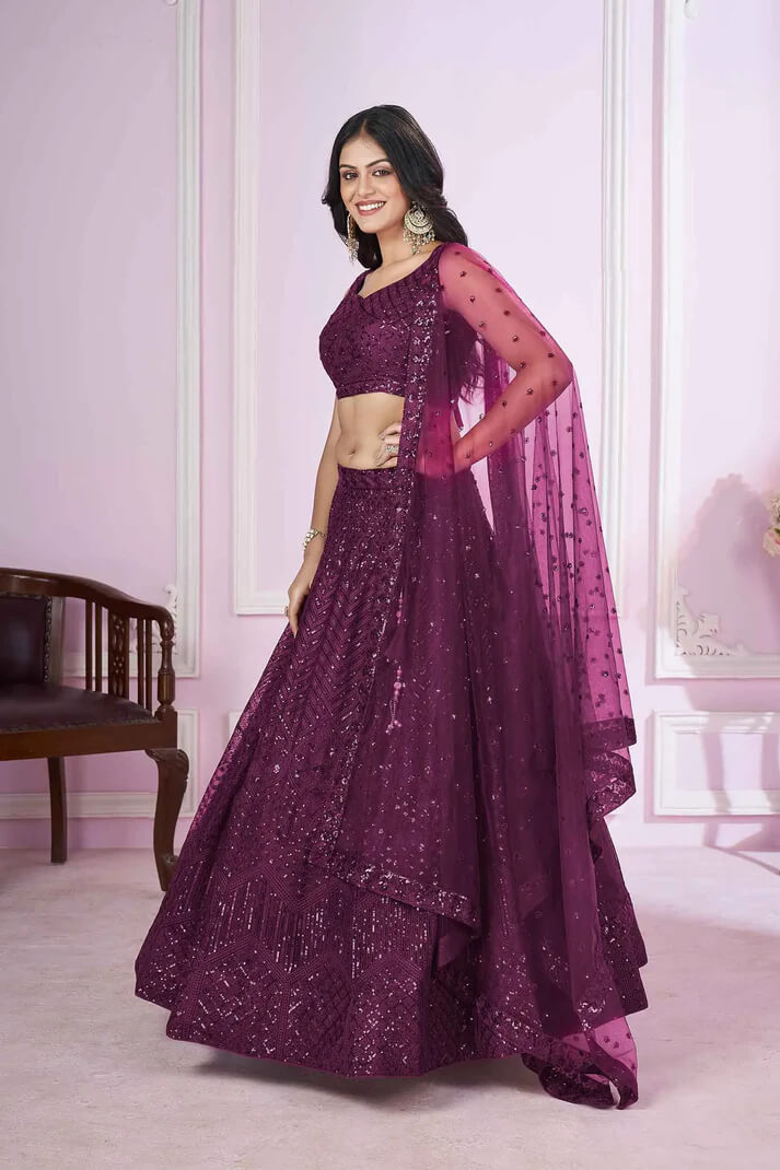 Wine Soft Net Lehenga with Sequins & Thread Embroidery
