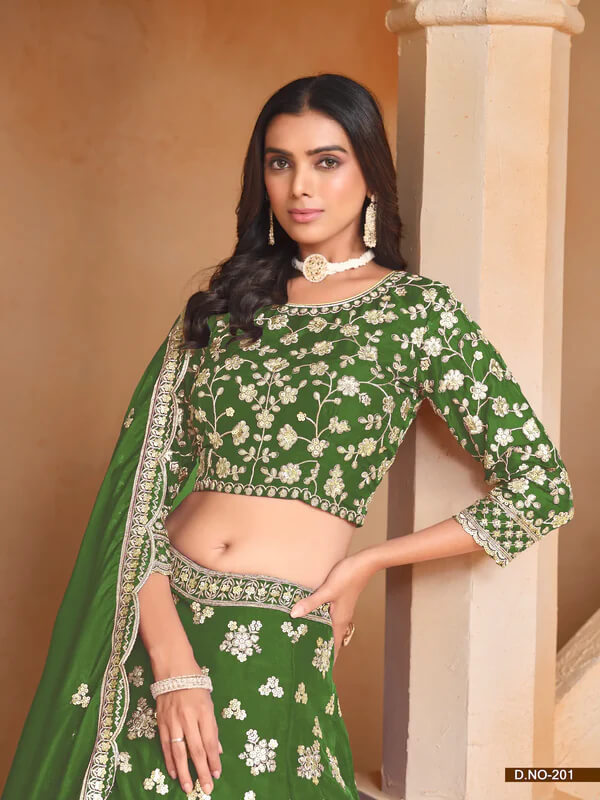 Elegant Green Organza Lehenga with Embroidery