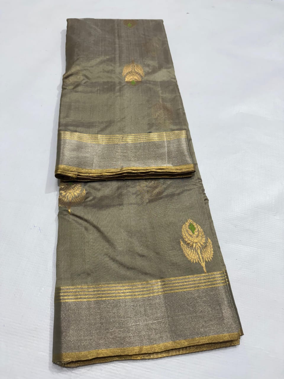 Olive Green Chanderi Handloom Pattu Silk Meenakari Saree