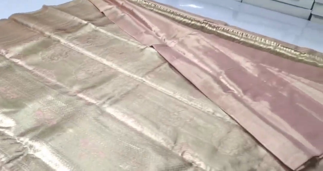 Peach Kanchipuram Handloom Tissue Brocade Silk Saree