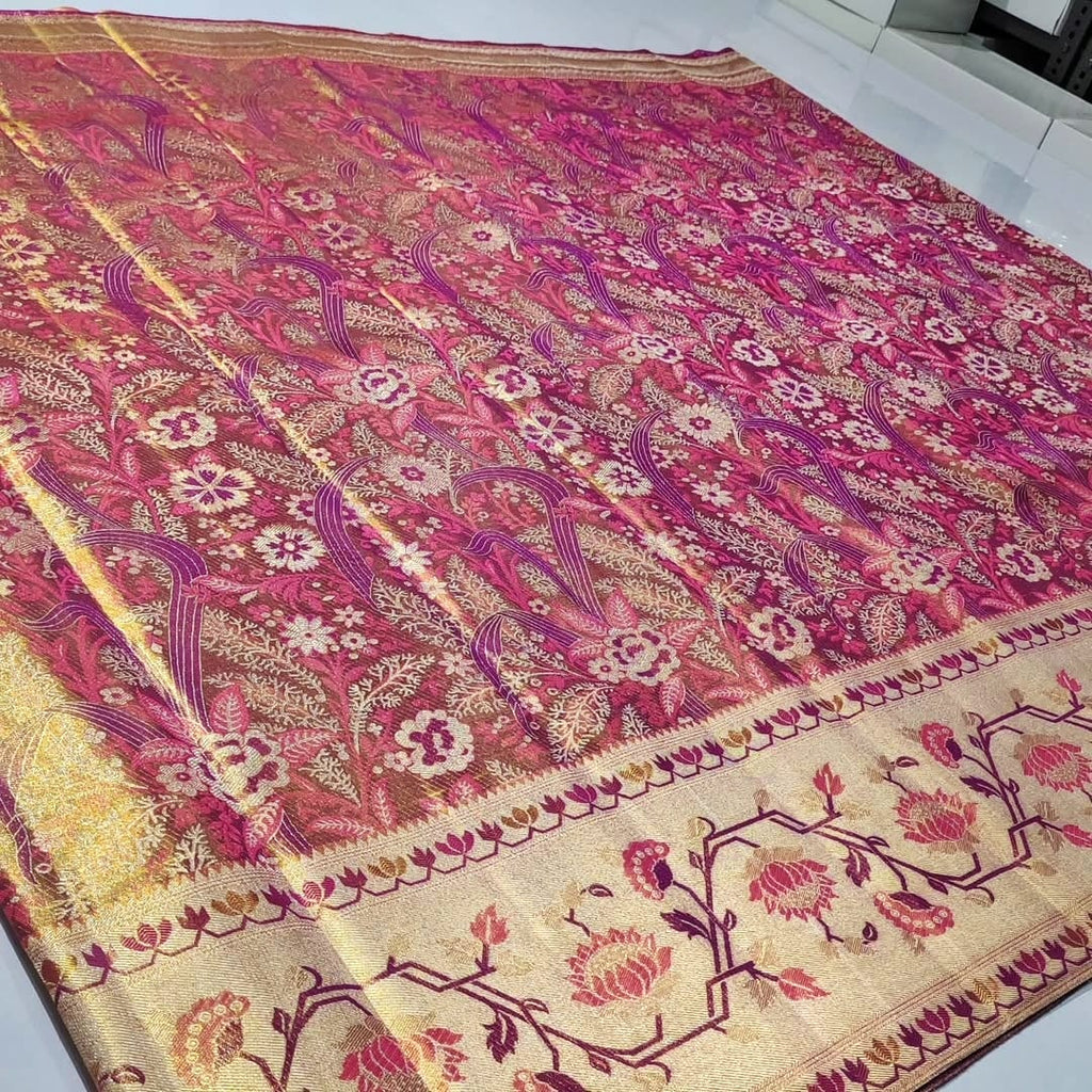 Hot Pink Kanchipuram Handloom Tissue Brocade Paithani Silk Saree