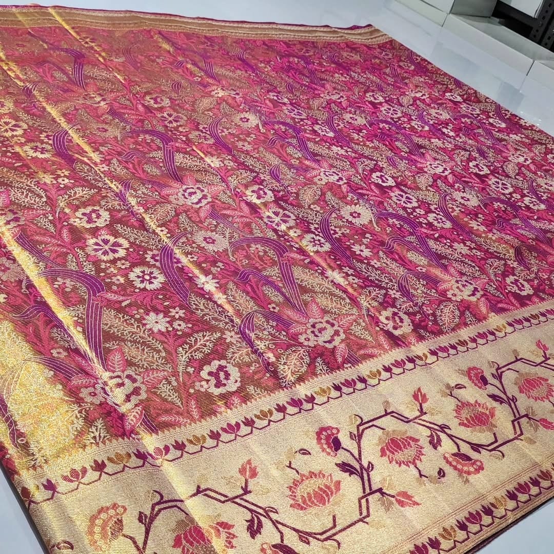Hot Pink Kanchipuram Handloom Tissue Brocade Paithani Silk Saree