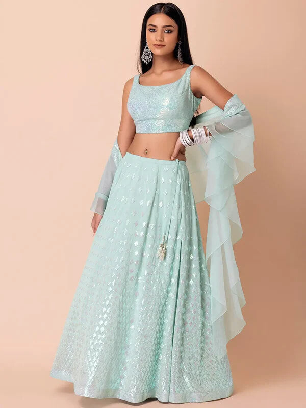 Sky Blue Party Lehenga with Sequins & Ruffle Dupatta