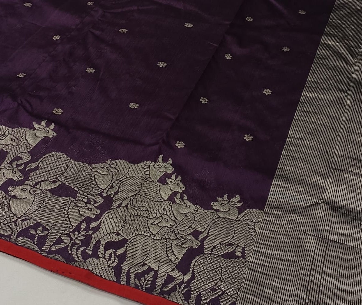 Dark Purple Chanderi Handloom Pattu Silk Handwork Saree