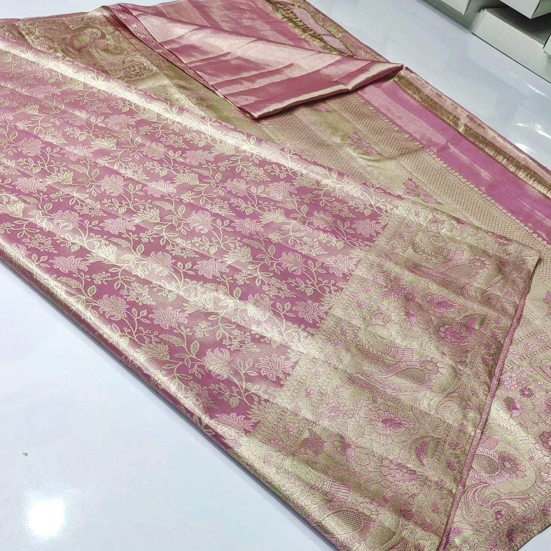 Baby Pink Kanchipuram Handloom Tissue Brocade Silk Saree
