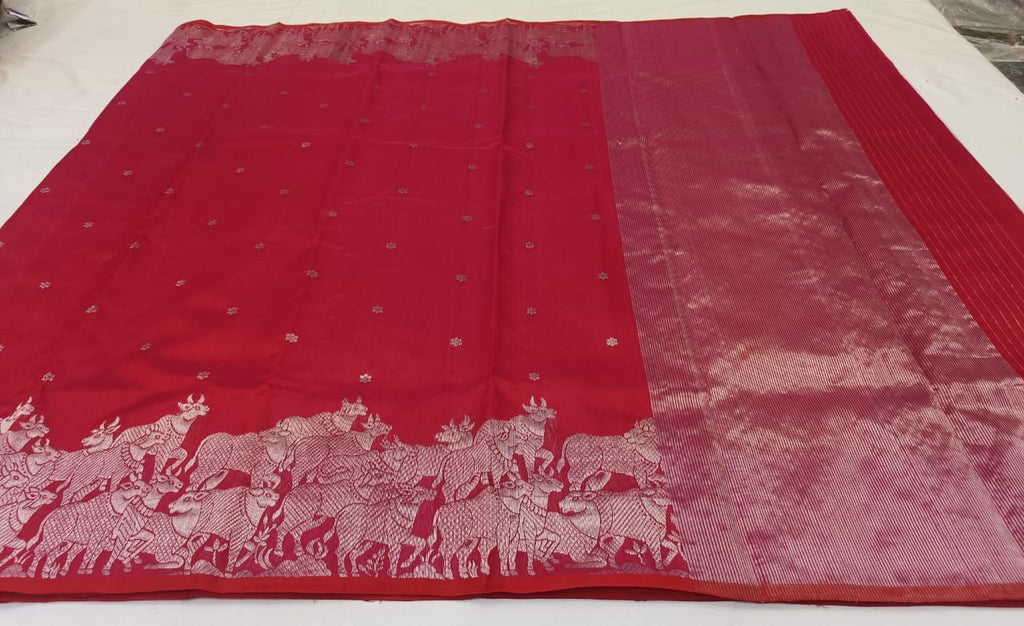 Red Chanderi Handloom Pattu Silk Handwork Saree