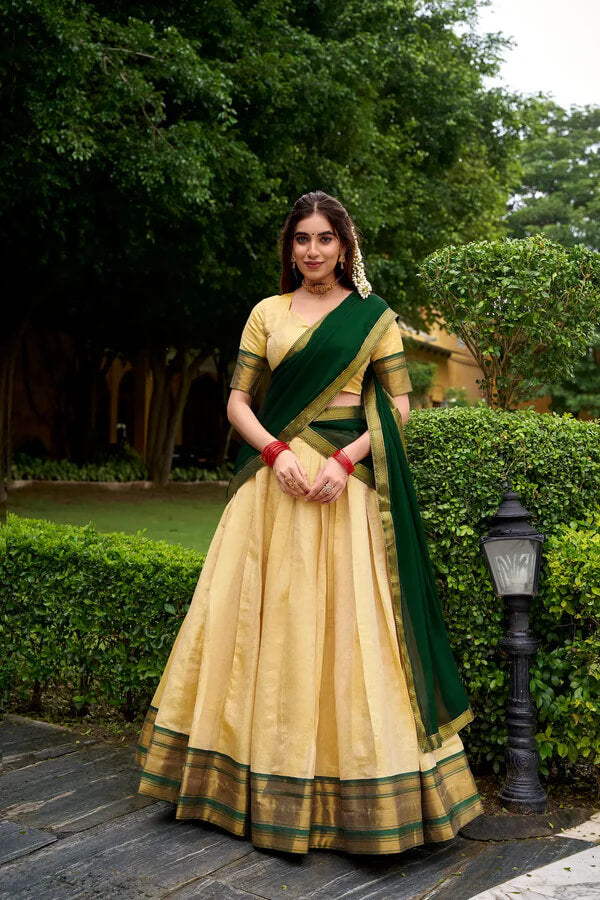 South Indian Style Beige & Green Zari Work Lehenga Choli