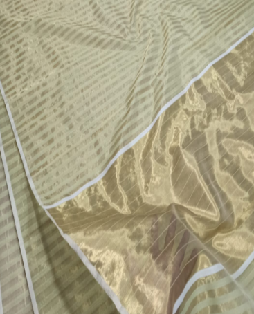 Pastel Lime Green Chanderi Handloom Cotton Silk Striped Saree