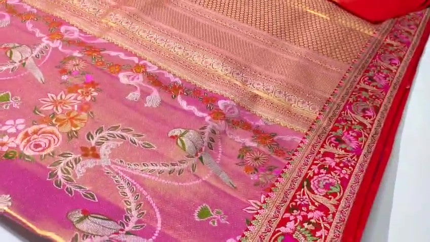 Hot Pink Kanchipuram Handloom Tissue Brocade 4D Weaving Silk Saree