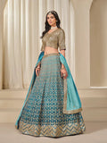 Shaded Blue Chinon Silk Embroidered Lehenga Choli