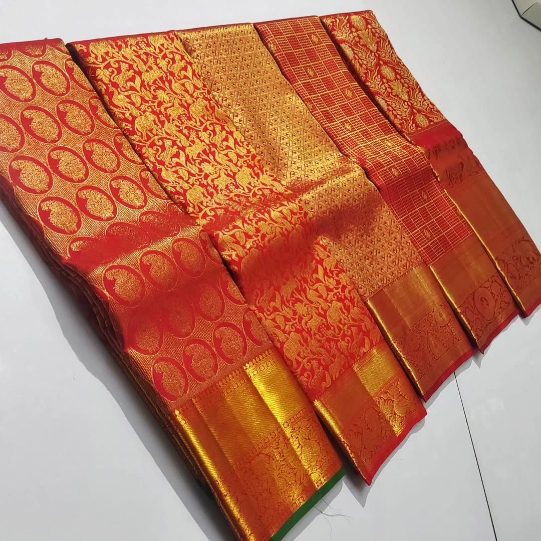 Red Kanchipuram Handloom Tissue Brocade Silk Bridal Saree