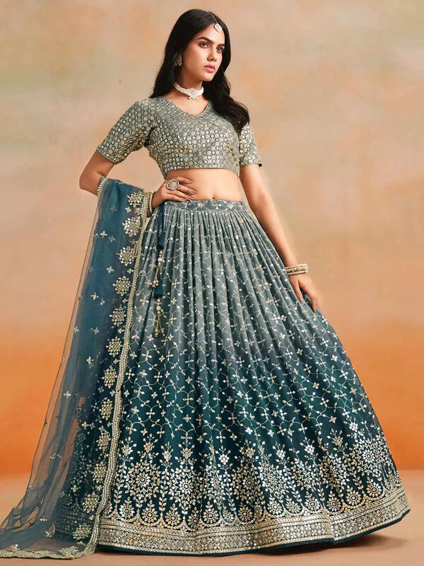 Blue-Grey Gradient Georgette Lehenga with Zari & Sequins